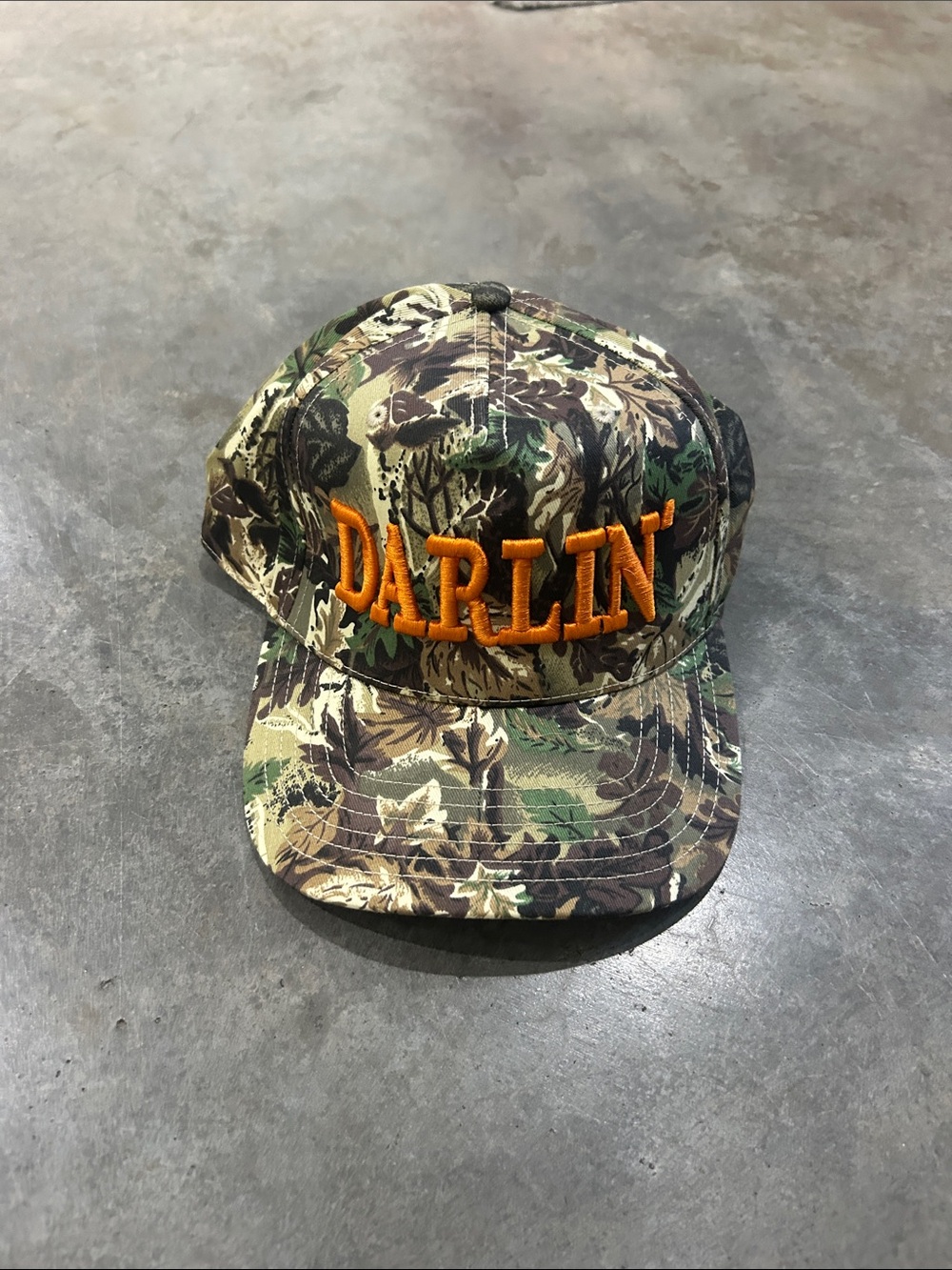 Darling Camo Hat with Orange Lettering